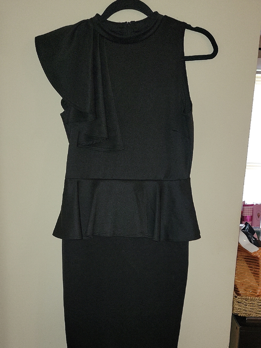 Black Peplum Midi Dress with One-Shoulder Detail